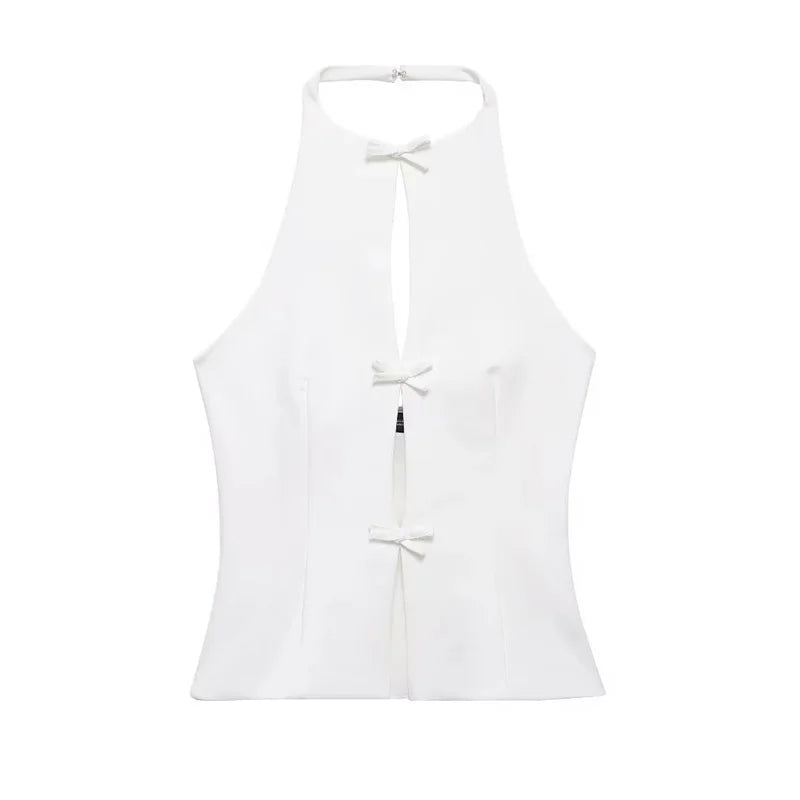 TRAF 2024 Off Shoulder Halter Top Female Pink White Crop Top Women Bow Cut Out Sleeveless Backless Top Woman Sexy Summer Tops