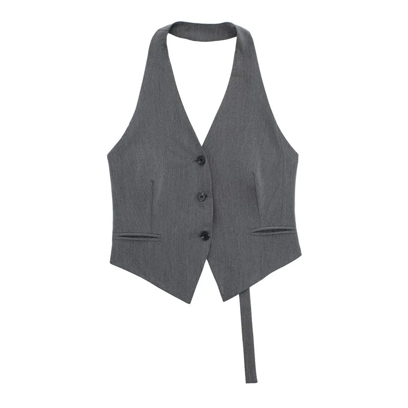 TRAF 2024 Black Sleeveless Vest Women Off Shoulder Cropped Vest Woman Fashion Backless V Neck Short Coats Summer Waistcoat