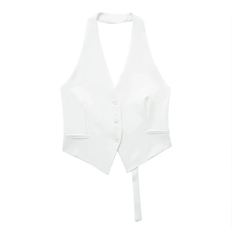 TRAF 2024 Black Sleeveless Vest Women Off Shoulder Cropped Vest Woman Fashion Backless V Neck Short Coats Summer Waistcoat