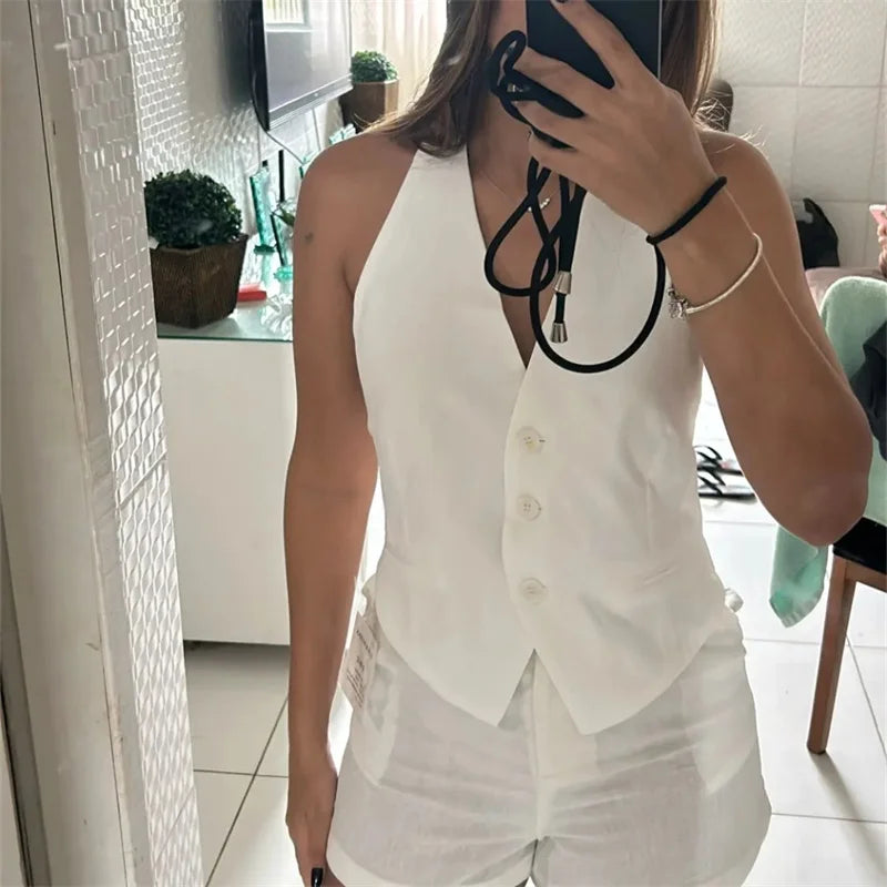 TRAF 2024 Black Sleeveless Vest Women Off Shoulder Cropped Vest Woman Fashion Backless V Neck Short Coats Summer Waistcoat