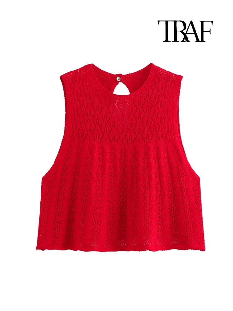 TRAF Women's Fashion Jacquard Sleeveless Top Shorts Set Elegant Skeleton Knit Top Mini Skirt Set Lace Top Pleated Mini Skirt Set