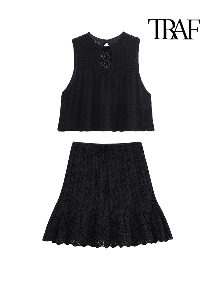 TRAF Women's Fashion Jacquard Sleeveless Top Shorts Set Elegant Skeleton Knit Top Mini Skirt Set Lace Top Pleated Mini Skirt Set