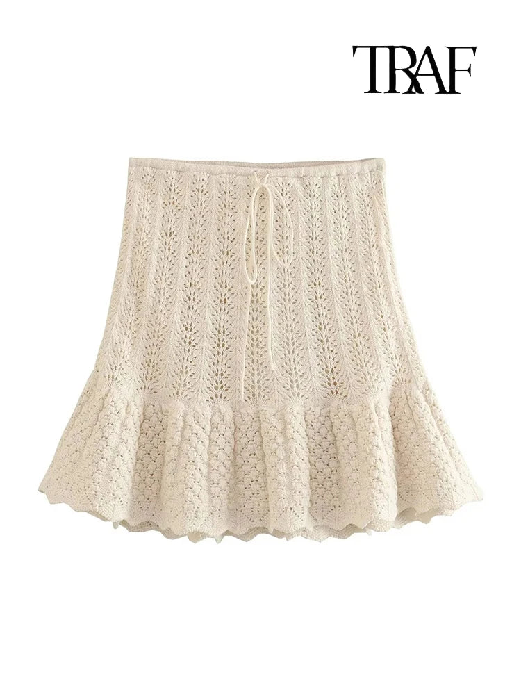 TRAF Women's Fashion Jacquard Sleeveless Top Shorts Set Elegant Skeleton Knit Top Mini Skirt Set Lace Top Pleated Mini Skirt Set