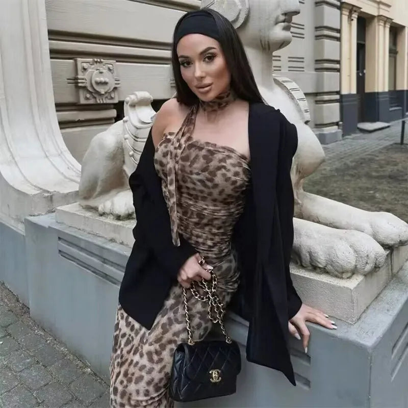 TRAF Leopard Print Crop Top Woman Ruched Tulle Corset Top Women off Shoulder Halter Top Female Sexy Backless Tube Tops for Women
