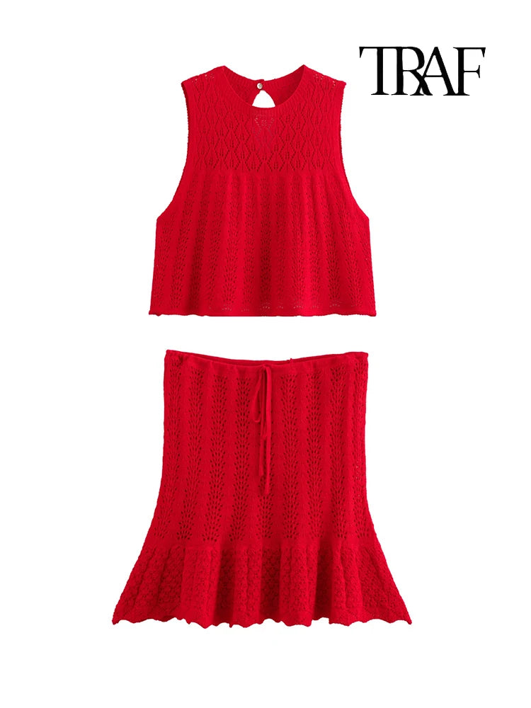 TRAF Women's Fashion Jacquard Sleeveless Top Shorts Set Elegant Skeleton Knit Top Mini Skirt Set Lace Top Pleated Mini Skirt Set