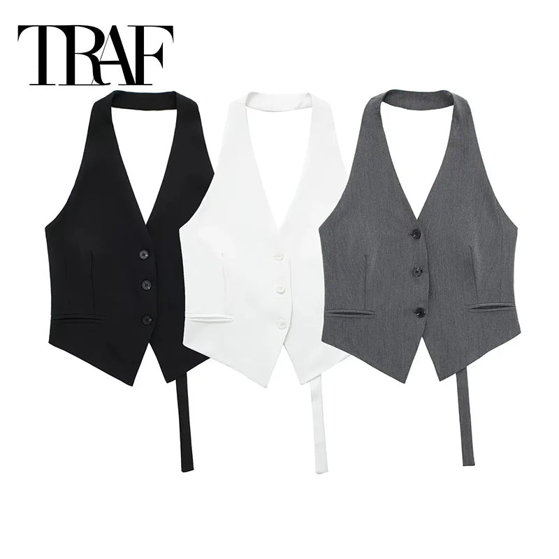 TRAF 2024 Black Sleeveless Vest Women Off Shoulder Cropped Vest Woman Fashion Backless V Neck Short Coats Summer Waistcoat