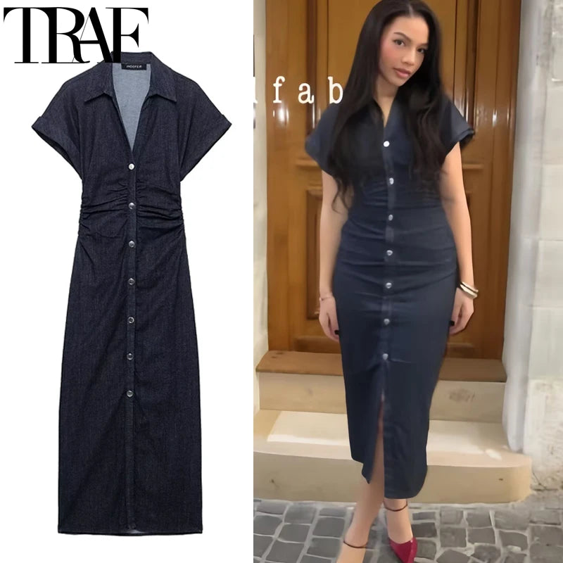 TRAF Blue Denim Dresses Woman Short Sleeve Shirt Long Dress Women Summer Ruched Bodycon Casual Dresses Elegant Midi Dress 088