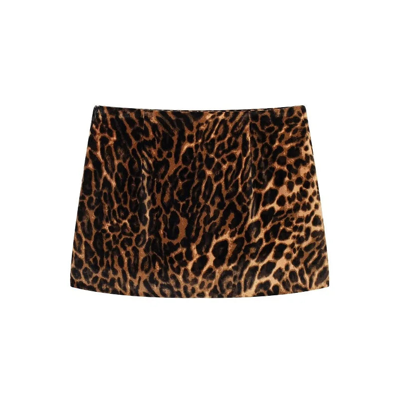 TRAF Leopard Print Women Skirt Set Office Velvet Mini Skirts for Women High Waist Short Skirt Woman Fashion Winter Women's Skirt