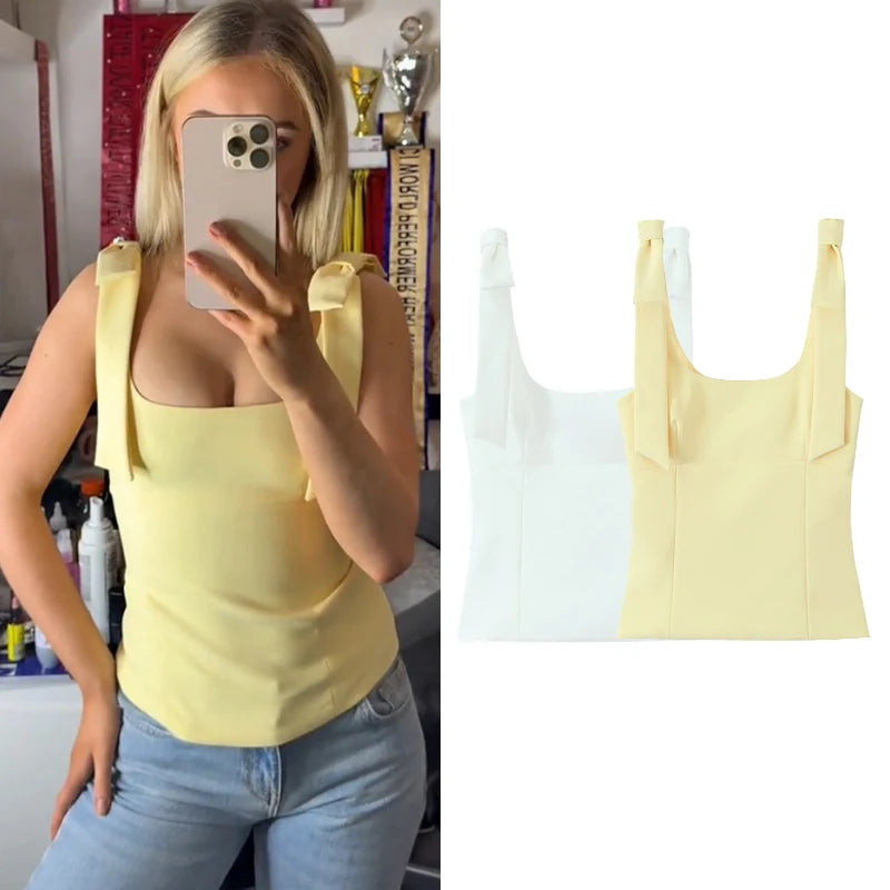 TRAF Y2k Bow Slip Tops 2025 Women's Spring Summer Tank Tops Ladies Fashion Casual Elegant White Yellow Corset Tops Camis