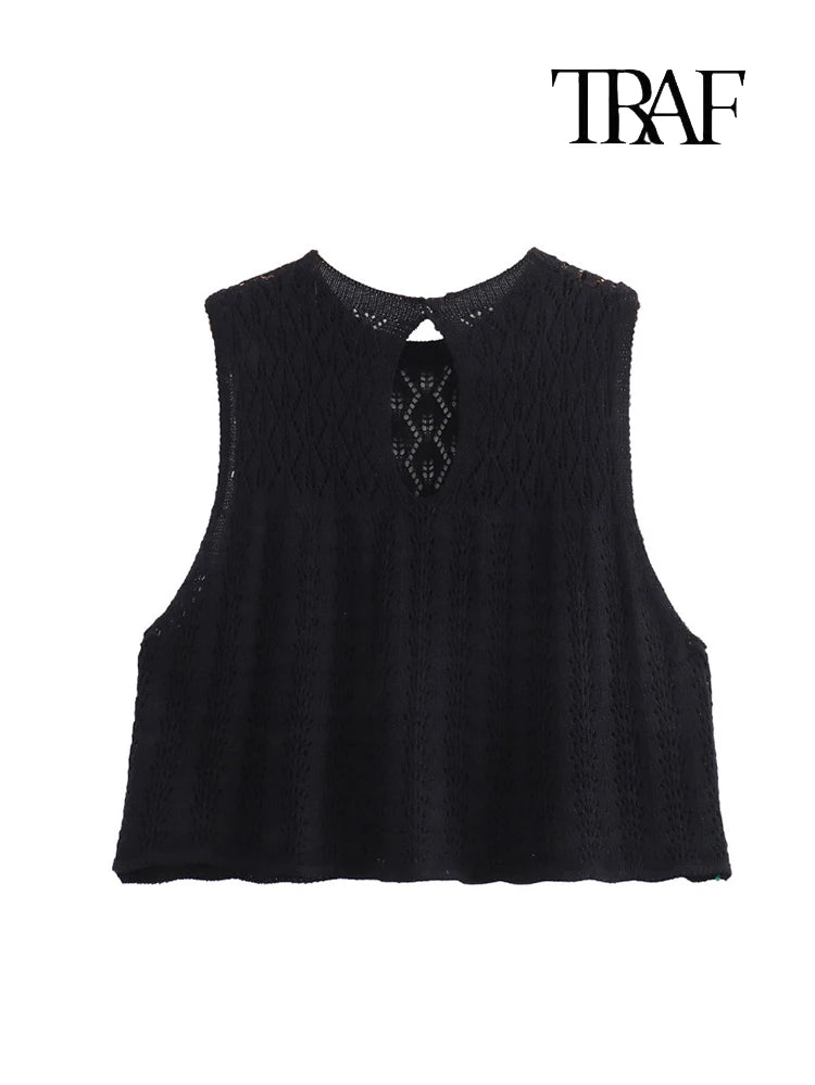 TRAF Women's Fashion Jacquard Sleeveless Top Shorts Set Elegant Skeleton Knit Top Mini Skirt Set Lace Top Pleated Mini Skirt Set