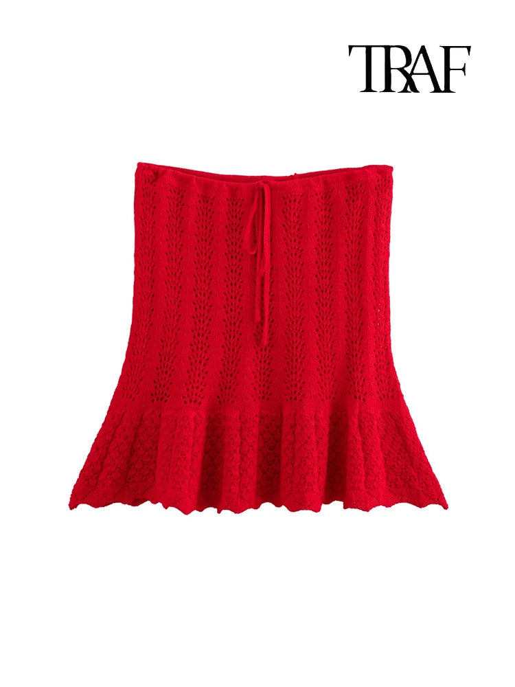 TRAF Women's Fashion Jacquard Sleeveless Top Shorts Set Elegant Skeleton Knit Top Mini Skirt Set Lace Top Pleated Mini Skirt Set