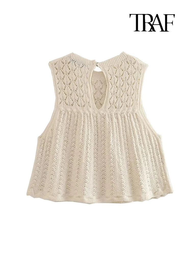 TRAF Women's Fashion Jacquard Sleeveless Top Shorts Set Elegant Skeleton Knit Top Mini Skirt Set Lace Top Pleated Mini Skirt Set