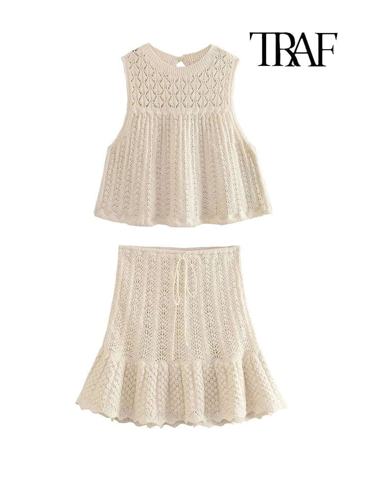 TRAF Women's Fashion Jacquard Sleeveless Top Shorts Set Elegant Skeleton Knit Top Mini Skirt Set Lace Top Pleated Mini Skirt Set