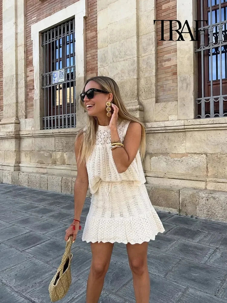 TRAF Women's Fashion Jacquard Sleeveless Top Shorts Set Elegant Skeleton Knit Top Mini Skirt Set Lace Top Pleated Mini Skirt Set
