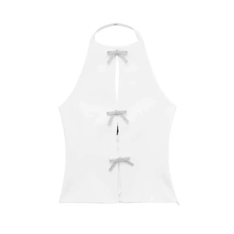 TRAF Bow Rhinestone Crop Top Women Cut Out Black White Sleeveless Backless Top Female Off Shoulder Sexy Tops Woman Summer Tops