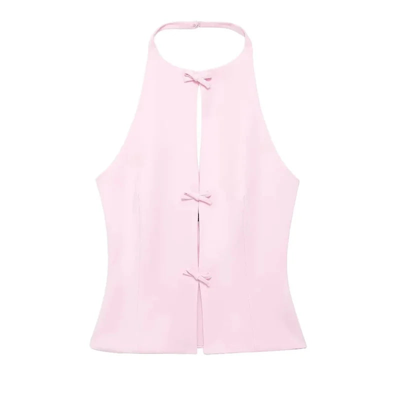 TRAF Bow Rhinestone Crop Top Women Cut Out Black White Sleeveless Backless Top Female Off Shoulder Sexy Tops Woman Summer Tops