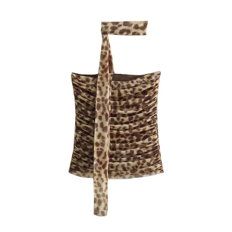 TRAF Leopard Print Crop Top Woman Ruched Tulle Corset Top Women off Shoulder Halter Top Female Sexy Backless Tube Tops for Women