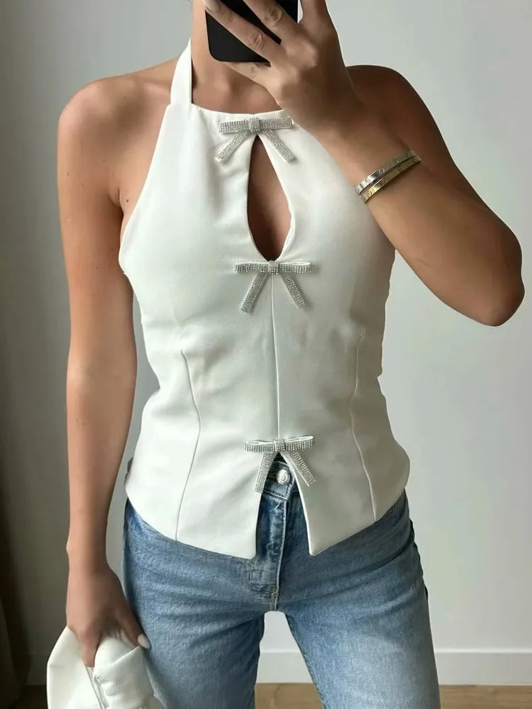 TRAF Bow Rhinestone Crop Top Women Cut Out Black White Sleeveless Backless Top Female Off Shoulder Sexy Tops Woman Summer Tops