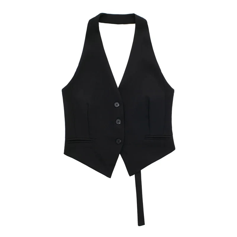 TRAF 2024 Black Sleeveless Vest Women Off Shoulder Cropped Vest Woman Fashion Backless V Neck Short Coats Summer Waistcoat
