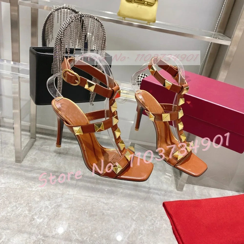 Gold Metal Rivets Trendy Sandals Female Square Toe Ankle Strap Thin High Heels Shoes Lady Solid Party Sexy Solid Elegant Sandals