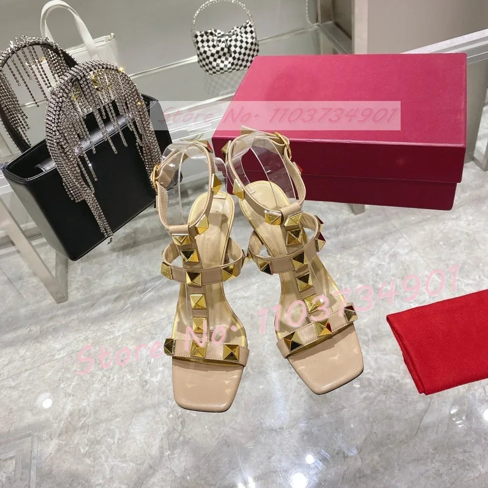 Gold Metal Rivets Trendy Sandals Female Square Toe Ankle Strap Thin High Heels Shoes Lady Solid Party Sexy Solid Elegant Sandals