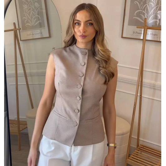 TRAF 2024 Plaid Sleeveless Vest Women Office Button Vests for Women Fall Waistcoat Streetwear Vest Top Women Basic Women's Vest