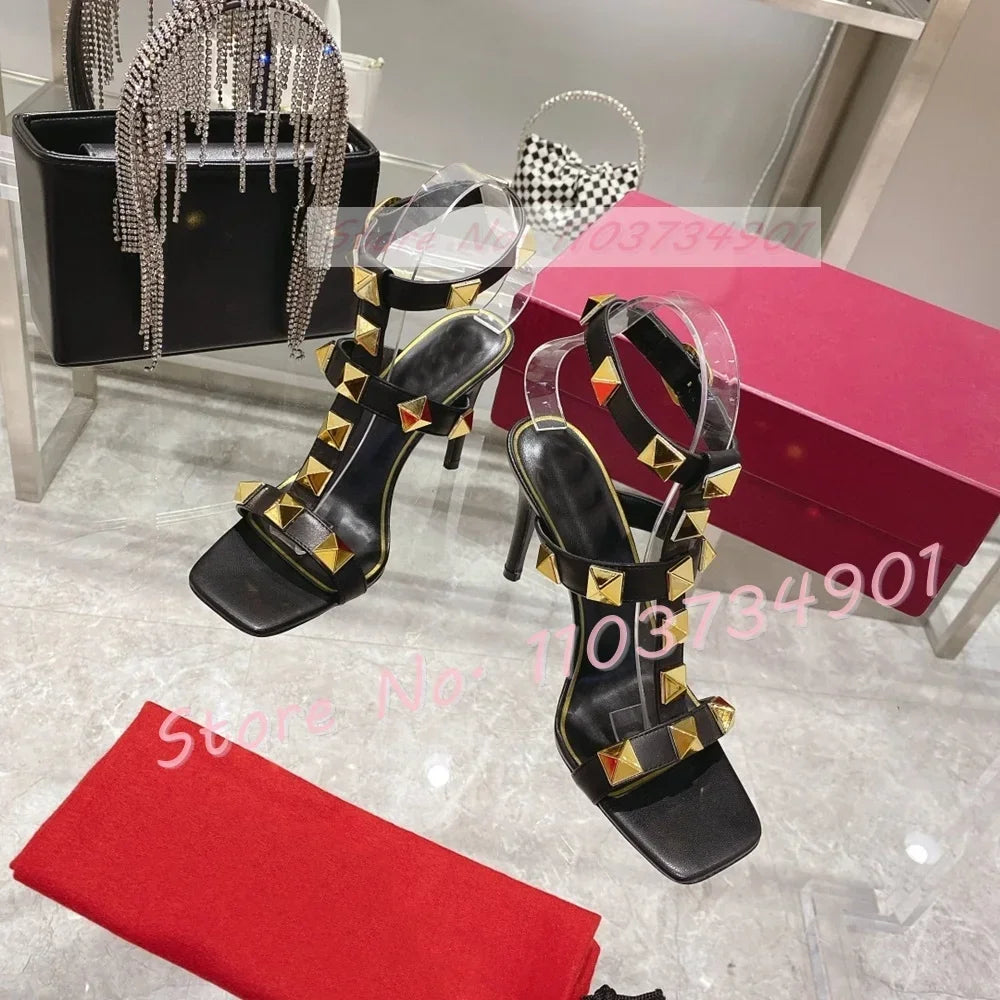 Gold Metal Rivets Trendy Sandals Female Square Toe Ankle Strap Thin High Heels Shoes Lady Solid Party Sexy Solid Elegant Sandals