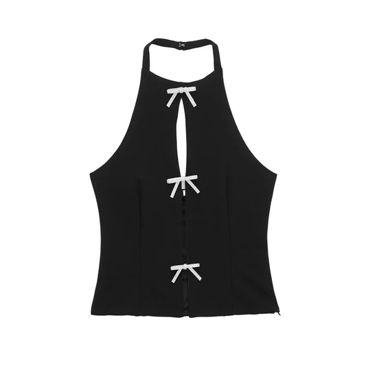 TRAF Bow Rhinestone Crop Top Women Cut Out Black White Sleeveless Backless Top Female Off Shoulder Sexy Tops Woman Summer Tops