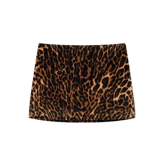 TRAF Leopard Print Women Skirt Set Office Velvet Mini Skirts for Women High Waist Short Skirt Woman Fashion Winter Women's Skirt