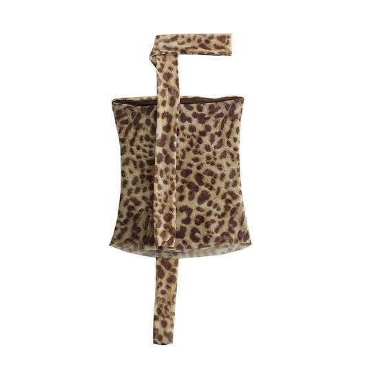 TRAF Leopard Print Crop Top Woman Ruched Tulle Corset Top Women off Shoulder Halter Top Female Sexy Backless Tube Tops for Women