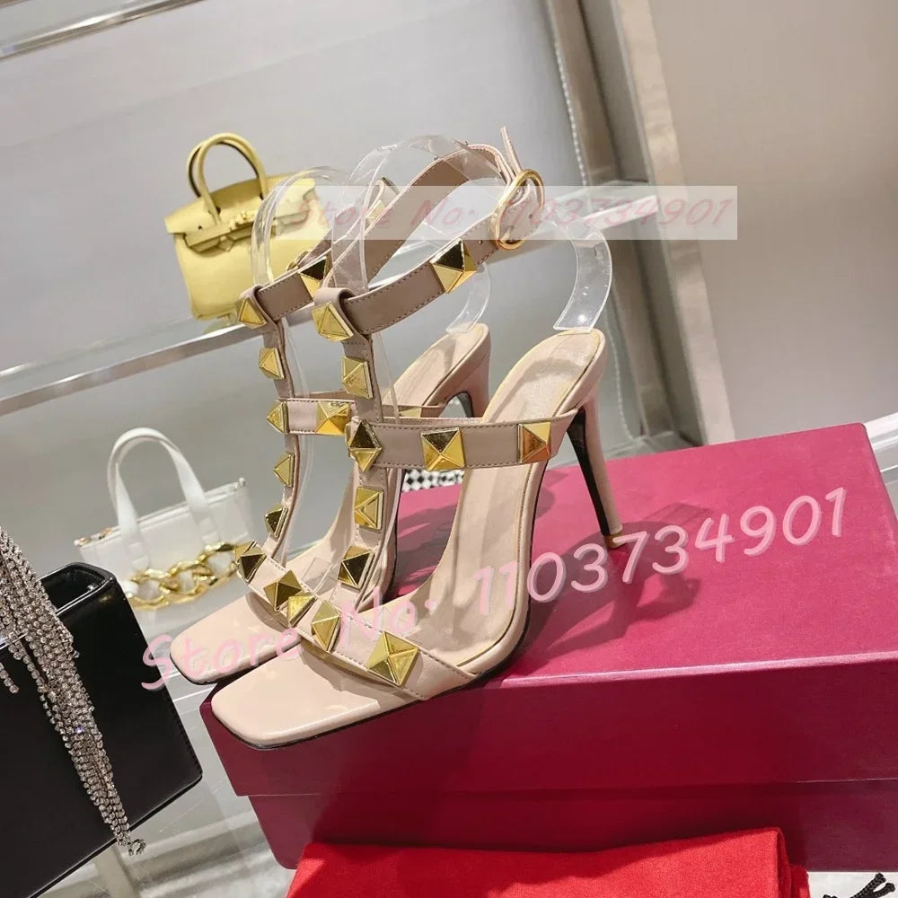 Gold Metal Rivets Trendy Sandals Female Square Toe Ankle Strap Thin High Heels Shoes Lady Solid Party Sexy Solid Elegant Sandals