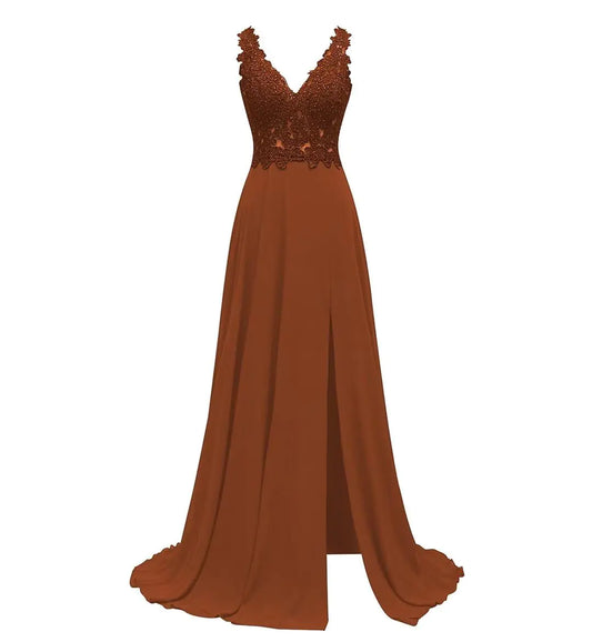 Burnt Orange Bridesmaid Dress Gala Dresses for Women Formal Chiffon Floor Length Dresses for Women Elegant Lace Applique Bridesmaid Dresses for Women Long Split Burnt Orange Dress for Women
