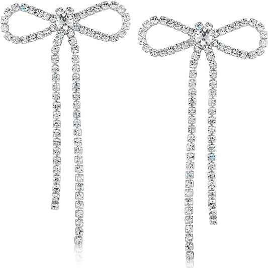 Silver Bow Earrings for Women - Long Silver Earrings for Women Silver Tone Bow Stud Earrings for Women Dangling Earrings for Women Sparkly Dangle Earrings Bow Earrings Silver Statement Earrings