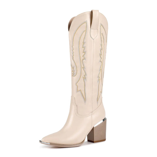 ISNOM Beige Cowgirl Boots Women Cowboy Boots for Women with Fashion Metal Pointed Toe Knee High Western Boots for Women
