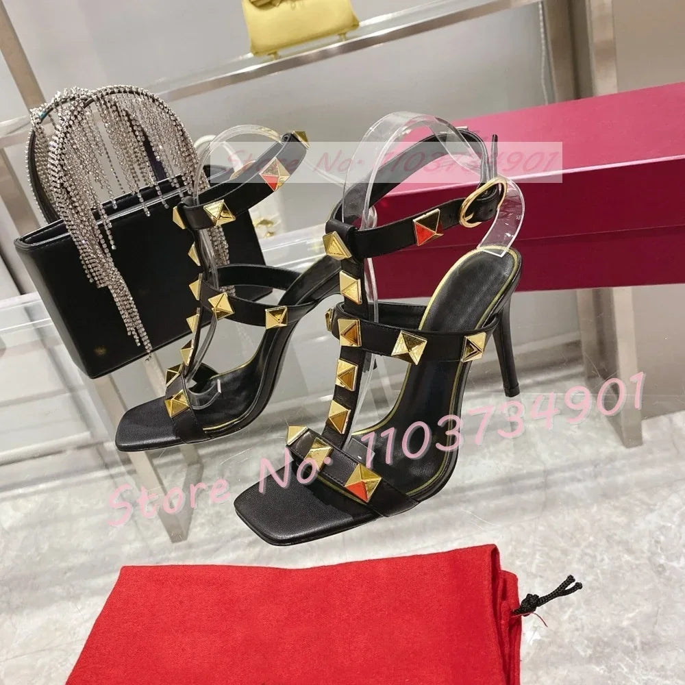 Gold Metal Rivets Trendy Sandals Female Square Toe Ankle Strap Thin High Heels Shoes Lady Solid Party Sexy Solid Elegant Sandals