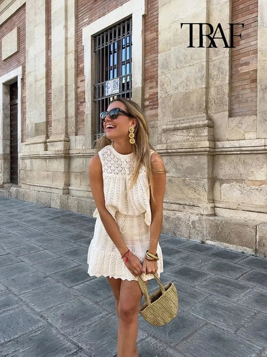TRAF Women's Fashion Jacquard Sleeveless Top Shorts Set Elegant Skeleton Knit Top Mini Skirt Set Lace Top Pleated Mini Skirt Set