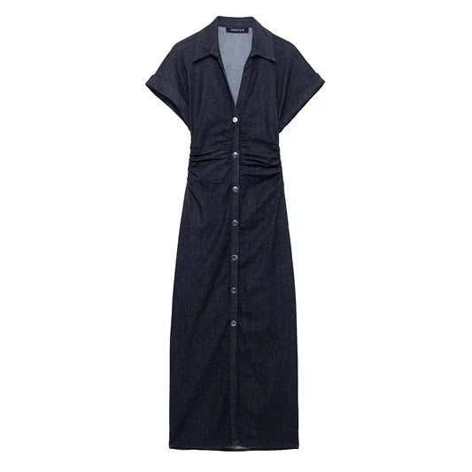TRAF Blue Denim Dresses Woman Short Sleeve Shirt Long Dress Women Summer Ruched Bodycon Casual Dresses Elegant Midi Dress 088