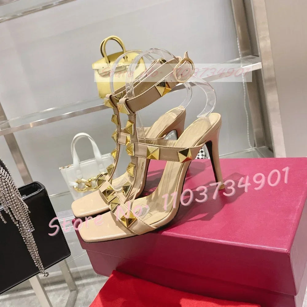Gold Metal Rivets Trendy Sandals Female Square Toe Ankle Strap Thin High Heels Shoes Lady Solid Party Sexy Solid Elegant Sandals