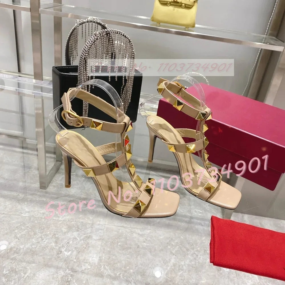 Gold Metal Rivets Trendy Sandals Female Square Toe Ankle Strap Thin High Heels Shoes Lady Solid Party Sexy Solid Elegant Sandals