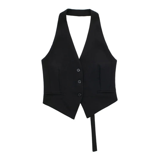 TRAF 2024 Black Sleeveless Vest Women Off Shoulder Cropped Vest Woman Fashion Backless V Neck Short Coats Summer Waistcoat